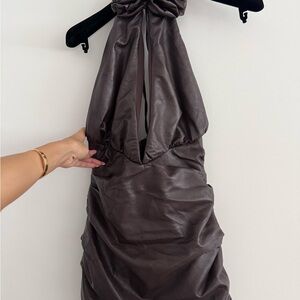 House of CB Strapless Faux-Leather Dress in Dark Brown